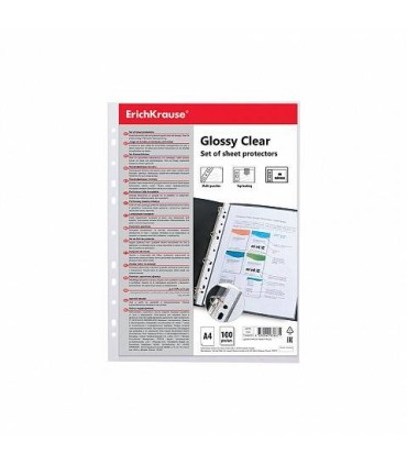 SET DE 100 FUNDAS MULTITALADRAS GLOSSY CLEAR, 60 MCM, A4, TRANSPARENTE ERICH KRAUSE 46703
