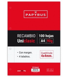 RECAMBIO PAQUETE 100 HOJAS A4 UNICLASIC 90 GR. 4X4 CON MARGEN PAPYRUS 53391000