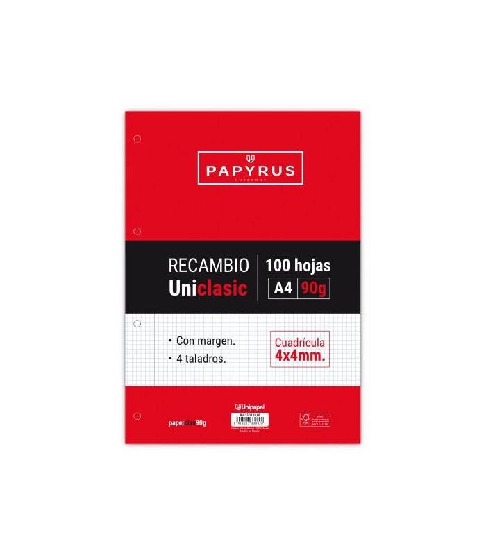 RECAMBIO PAQUETE 100 HOJAS A4 UNICLASIC 90 GR. 4X4 CON MARGEN PAPYRUS 53391000