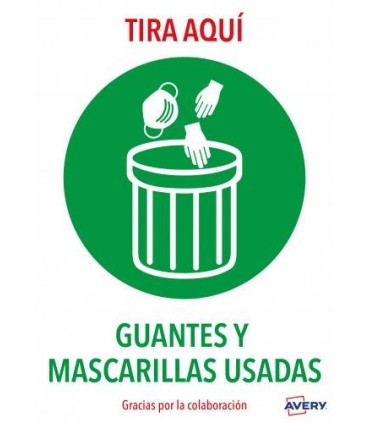 SEALES ADHESIVOS PREIMPRESO  \"TIRA AQU GUANTES Y MASCARILLAS USADAS\" SOBRE DE 2 HOJAS EN A4 AVERY AV_KITCOVID7_ES
