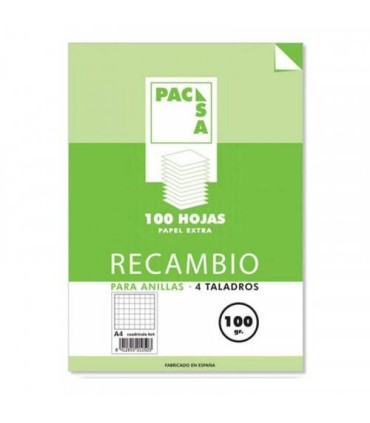 RECAMBIO 100 GRS . 4 TALADROS DIN-A4 100 HOJAS CUADRCULA 4X4 CON MARGEN PACSA 21050